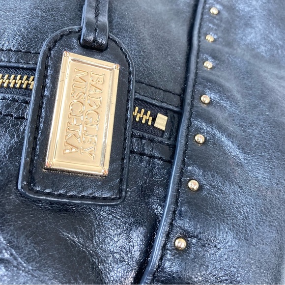 BADGLEY MISCHKA Black Tessa Shine Leather Studded Tote Handbag 17x13" - Picture 12 of 16